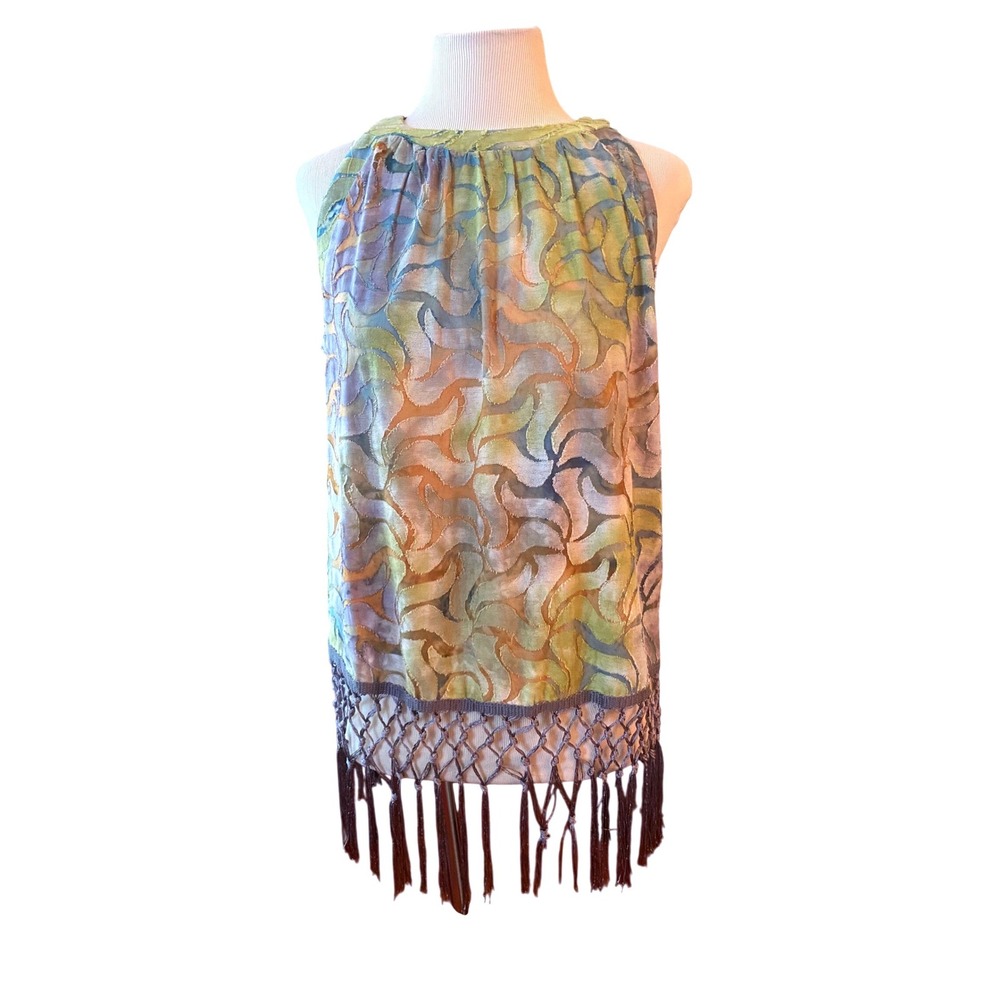 Rain Sleeveless Burnout tie dye Halter Top Green boho  Macrame Fringe Med